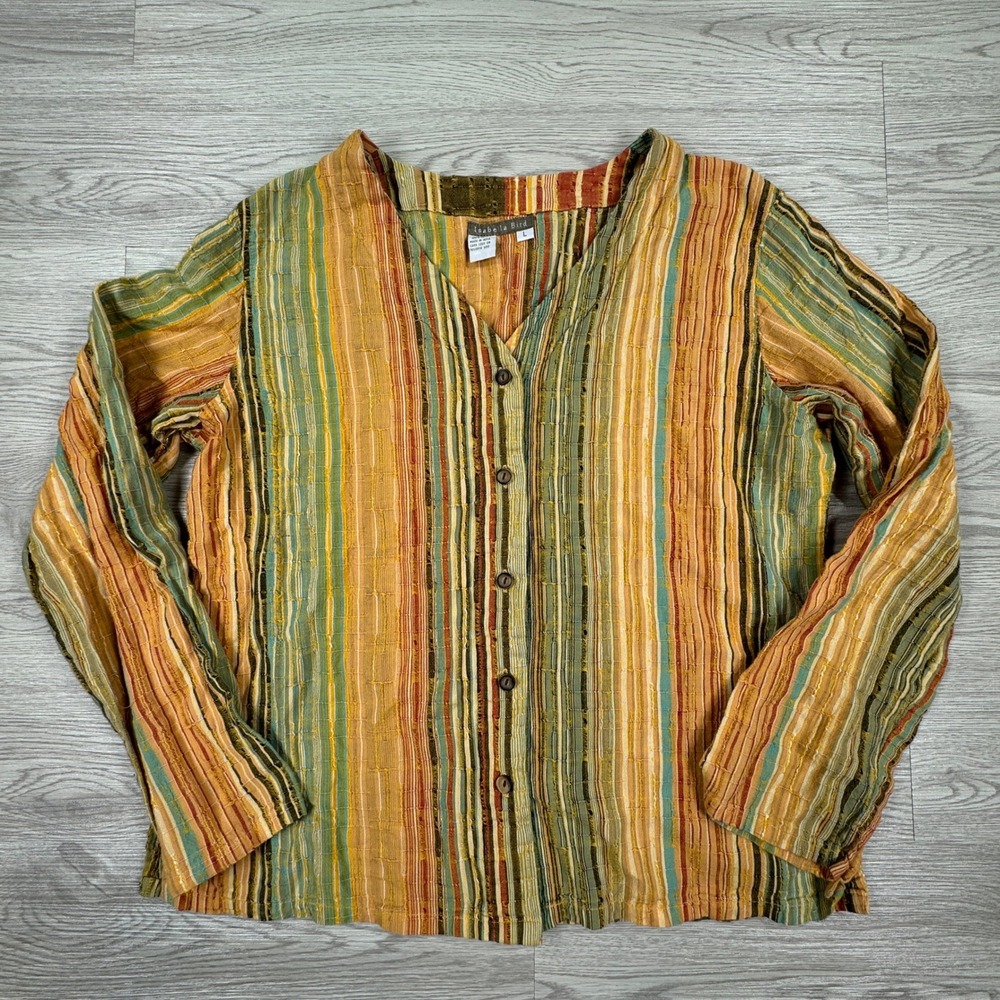 Isabella Bird Women's Button Down Shirt Striped Earth Tone Cotton Large Textured